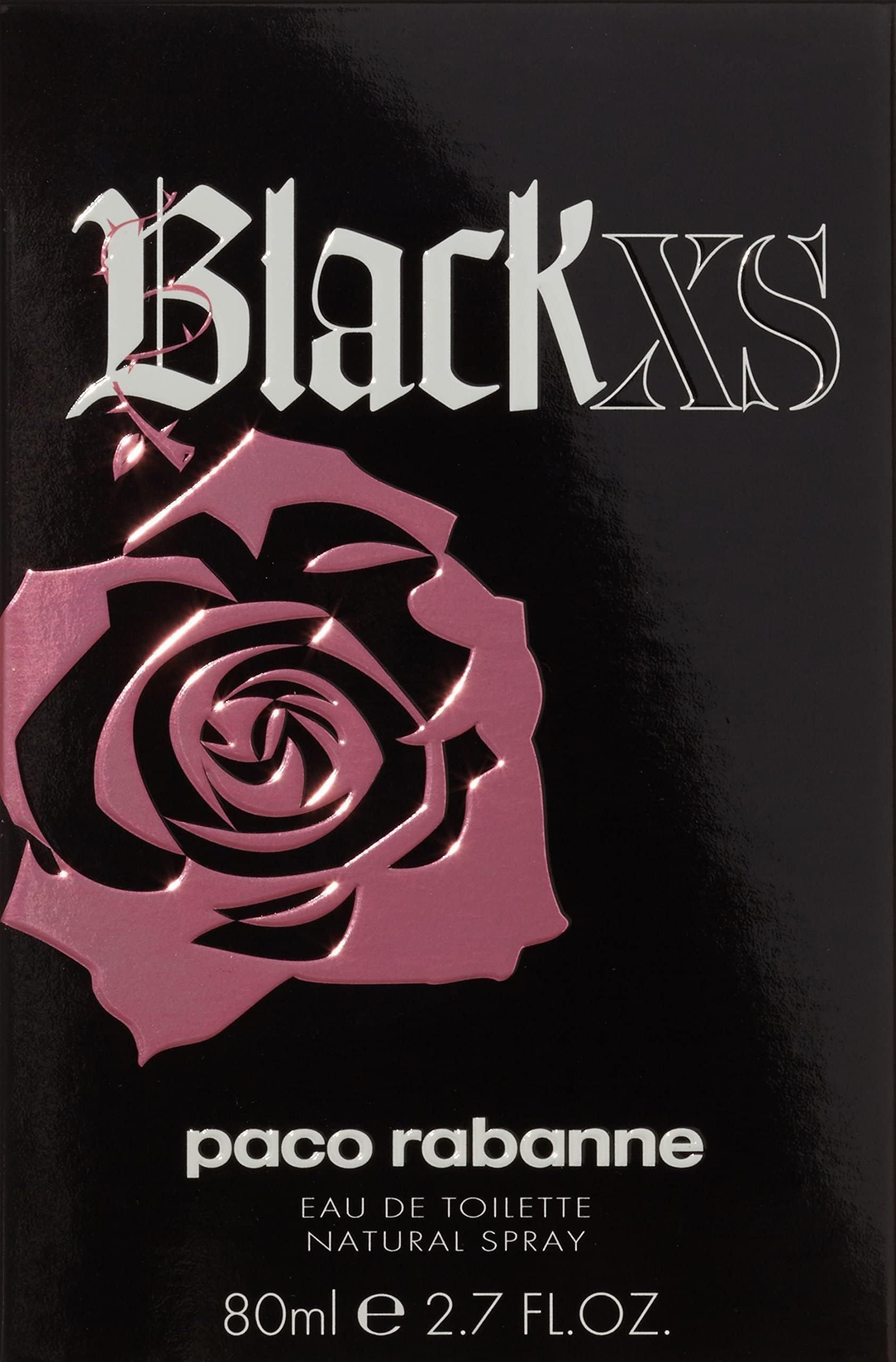 Scatola nera con logo Black XS e rosa. Scritta Paco Rabanne Eau de Toilette Natural Spray.