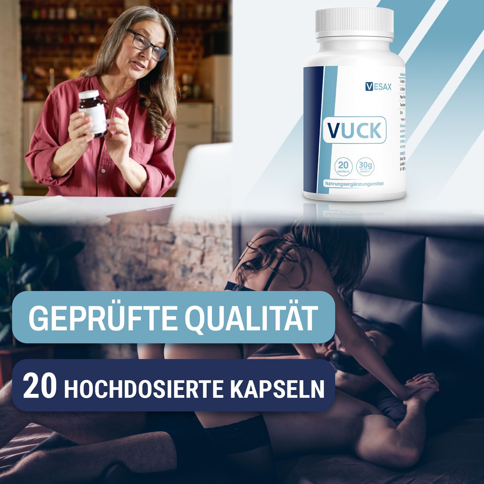 Flacone VUCK, VESAX. Testo: Qualità testata, 20 capsule ad alto dosaggio. Sfondo: donna, uomo, coppia.