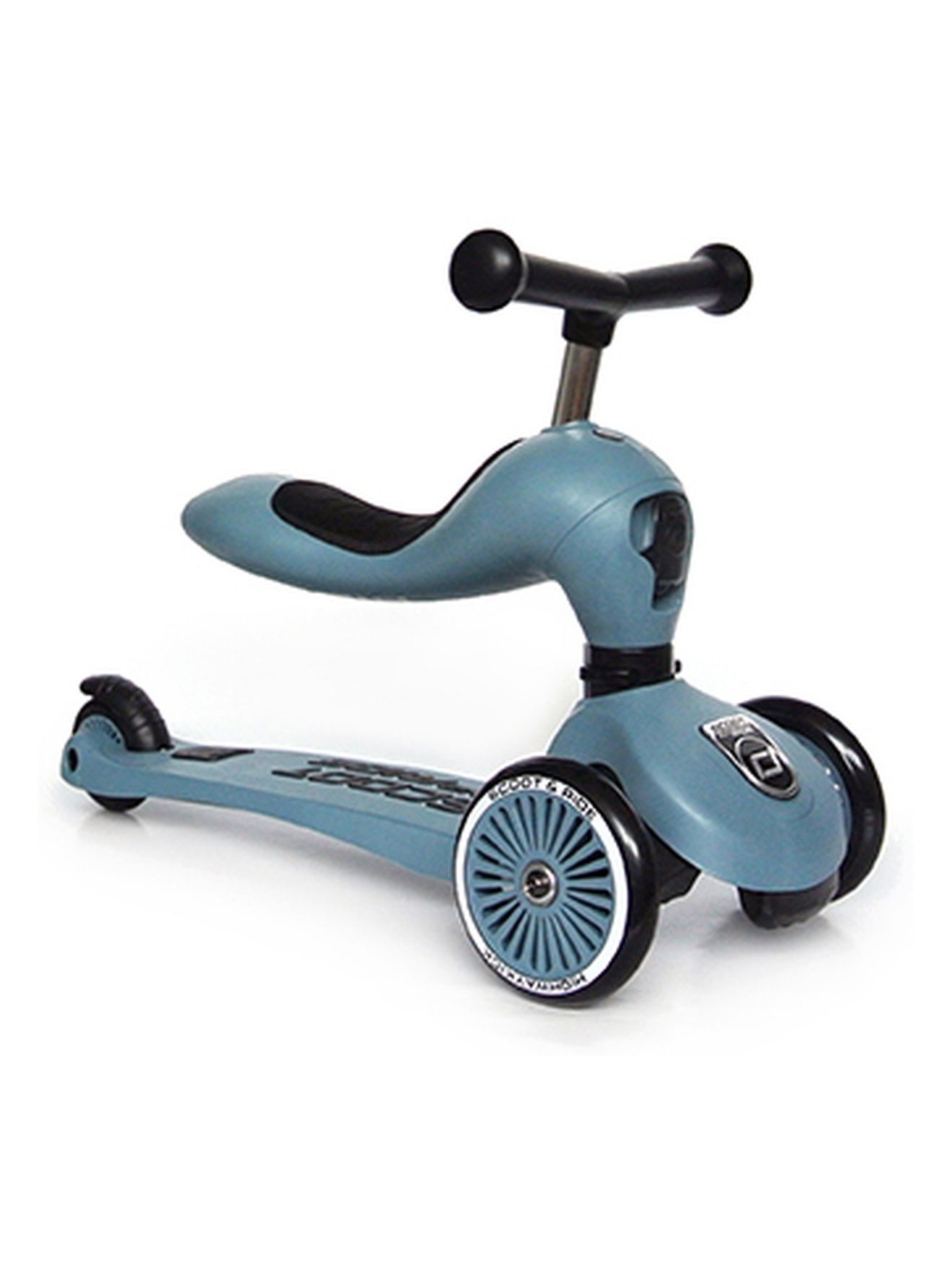 Monopattino blu per bambini con sedile e manubrio.
