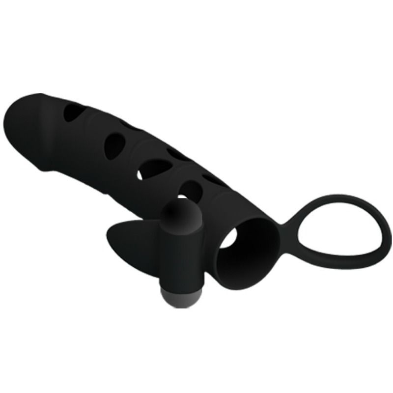 Massaggiatore nero in silicone con fori e un anello.