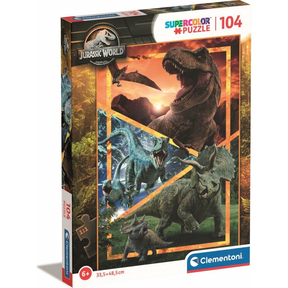 Puzzle Clementoni Jurassic World, 104 pezzi. Confezione con motivi di dinosauri. Età consigliata 6+. Dimensioni 33,5x48,5cm.