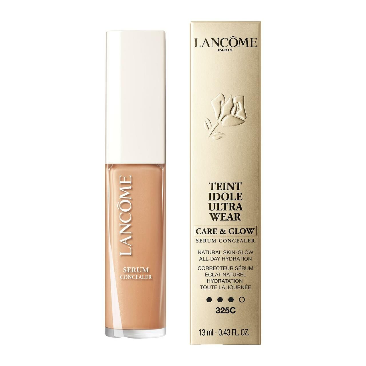 Lancôme Teint Idole Ultra Wear Care & Glow Correttore. Prodotto e confezione. Tonalità 325C, 13 ml.