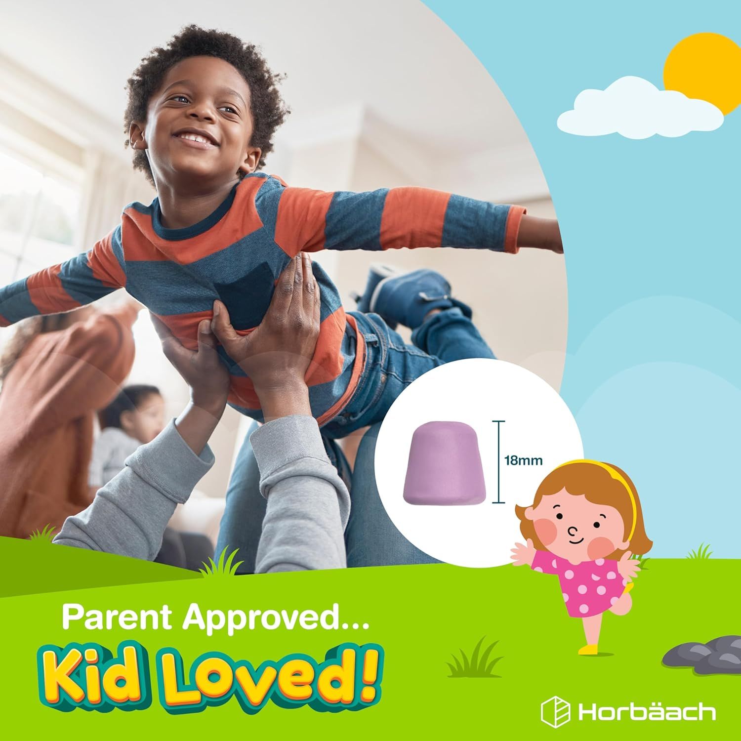 Un bambino viene lanciato in aria da una persona. Una caramella gommosa da 18mm. Testo: Approvato dai genitori...Amato dai bambini!