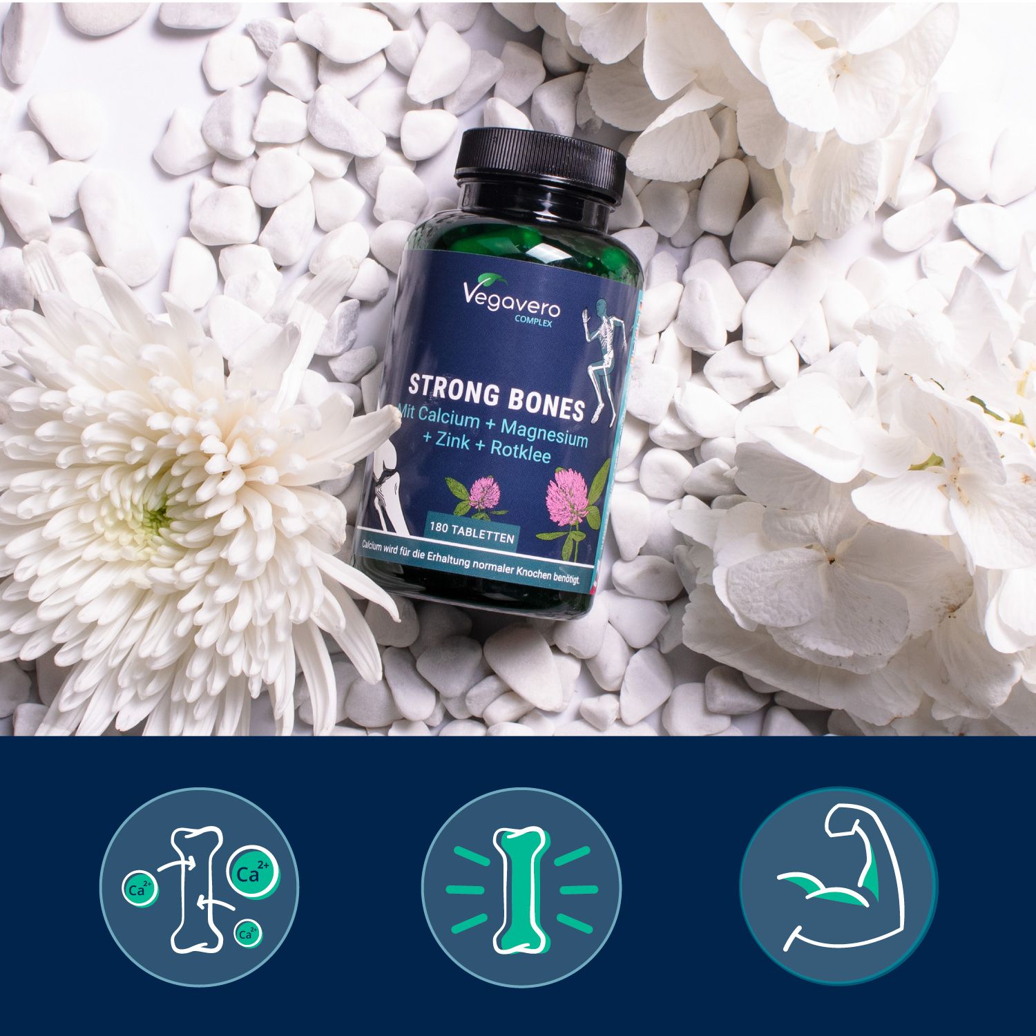Flacone Strong Bones su pietre bianche, circondato da fiori bianchi. Logo Vegavaro. 180 compresse. Illustrazioni di ossa.