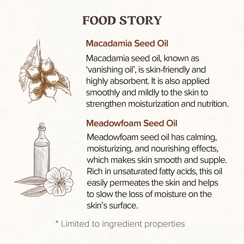 Illustrazioni di semi di macadamia e bottiglia di olio. Testo: Macadamia Seed Oil e Meadowfoam Seed Oil. Informazioni sugli ingredienti.