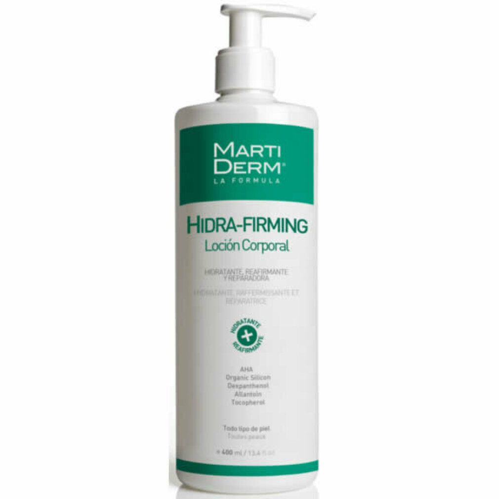 Flacone bianco con etichetta verde e dosatore. Scritta: Marti Derm, Hidra-Firming, Lozione corpo. 400 ml.