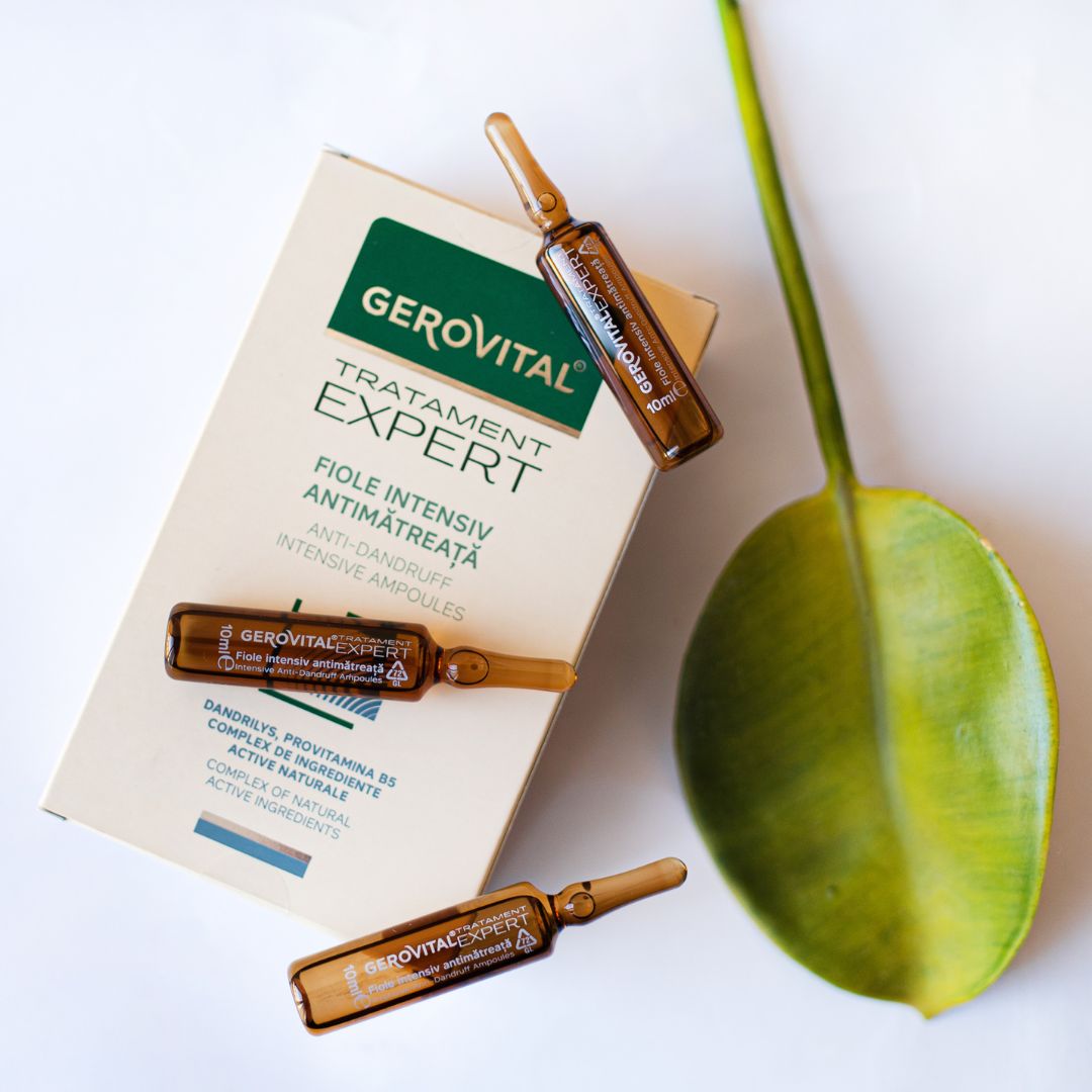 Fiale e scatola Gerovital Expert Antiforfora. Fiale marroni.