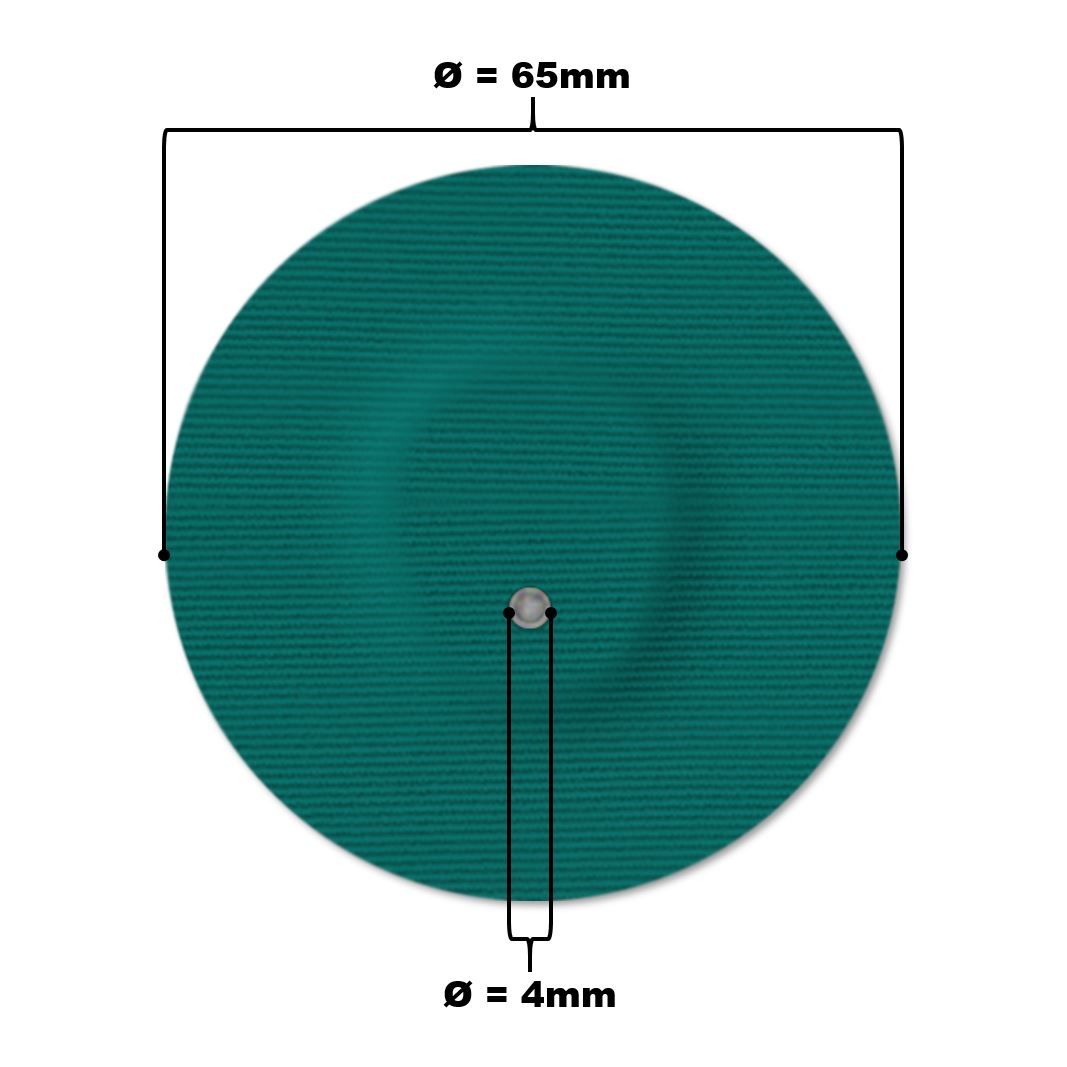 Cerotto verde con foro, diametro 65mm. Diametro foro 4mm. Dimensioni annotate.