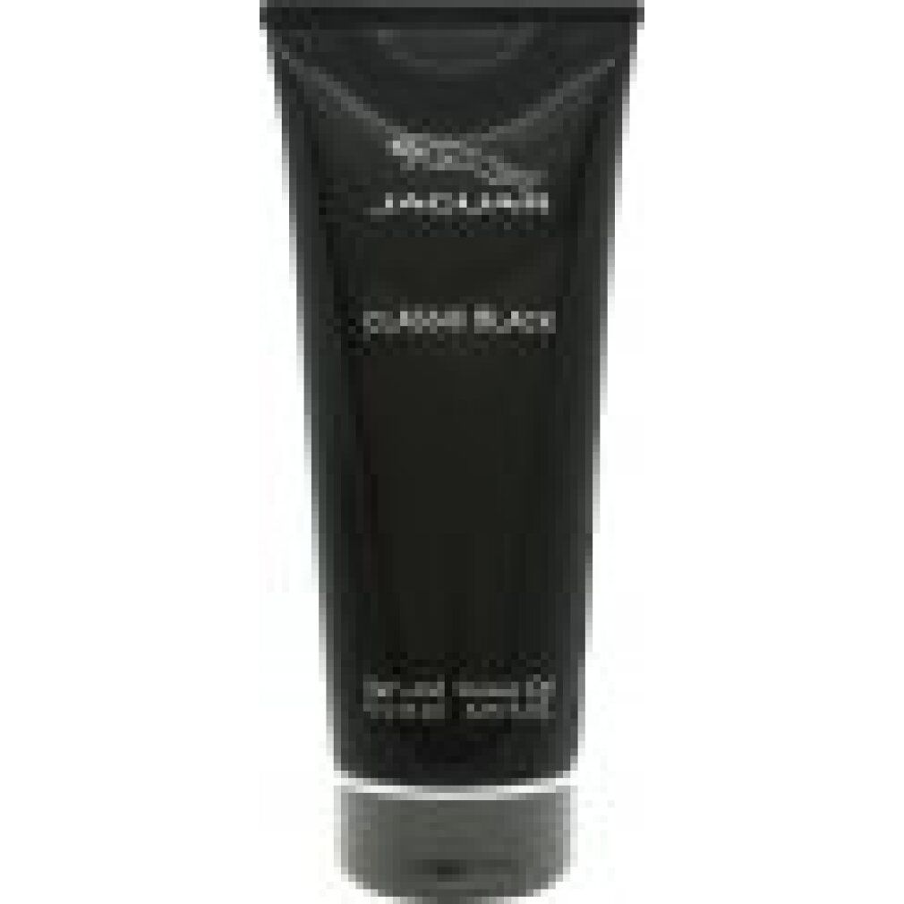 Tubo nero di gel doccia Jaguar Classic Black. Logo Jaguar in alto. Scritta "Bath and Shower Gel" in basso.
