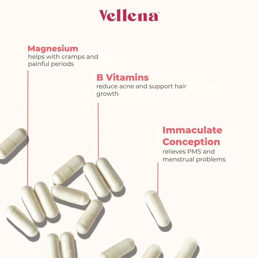 Capsule bianche su sfondo rosa. Testo: Vellena, Magnesio, Vitamine B, Concepimento Immacolato. Descrizioni dei benefici.