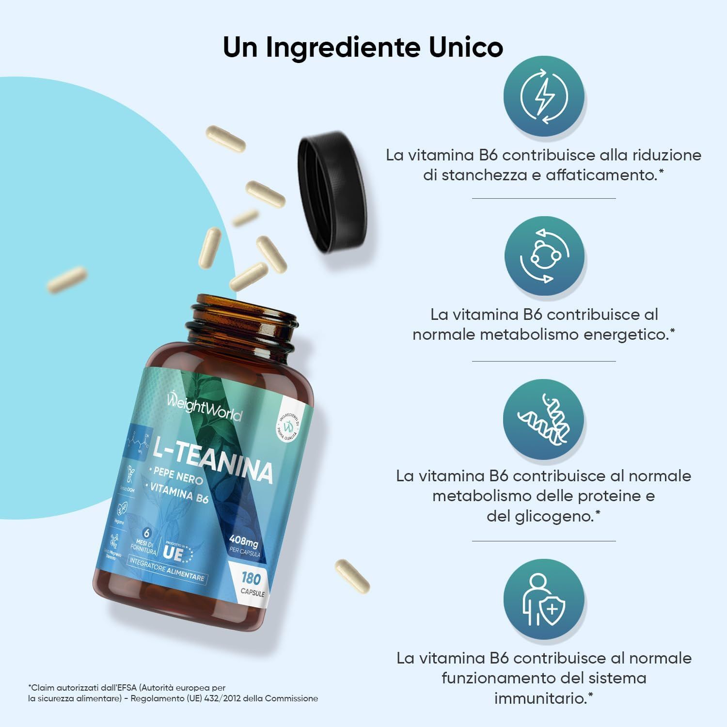 Flacone con capsule. Testo: L-Teanina, pepe, vitamina B6. 180 capsule. Vantaggi degli ingredienti.