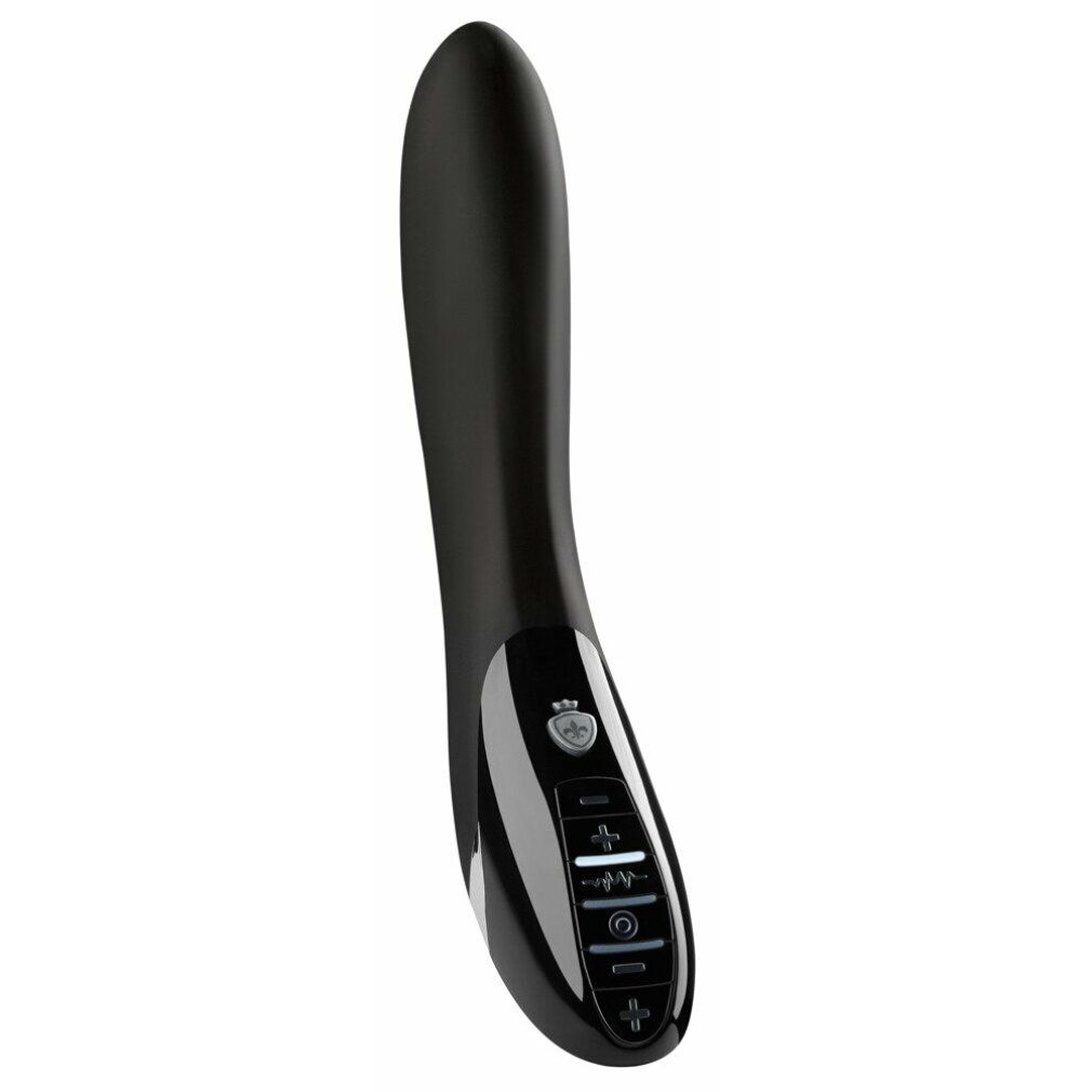 Prodotto benessere nero. Forma ergonomica. Pannello comandi con pulsanti. Superficie lucida. Marchio non visibile.