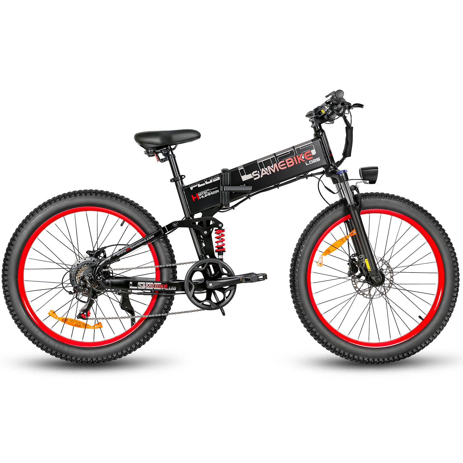 E-bike pieghevole nera, cerchi rossi. SAMEBIKE, LO26Plus, batteria 48V 15Ah. Vista laterale.