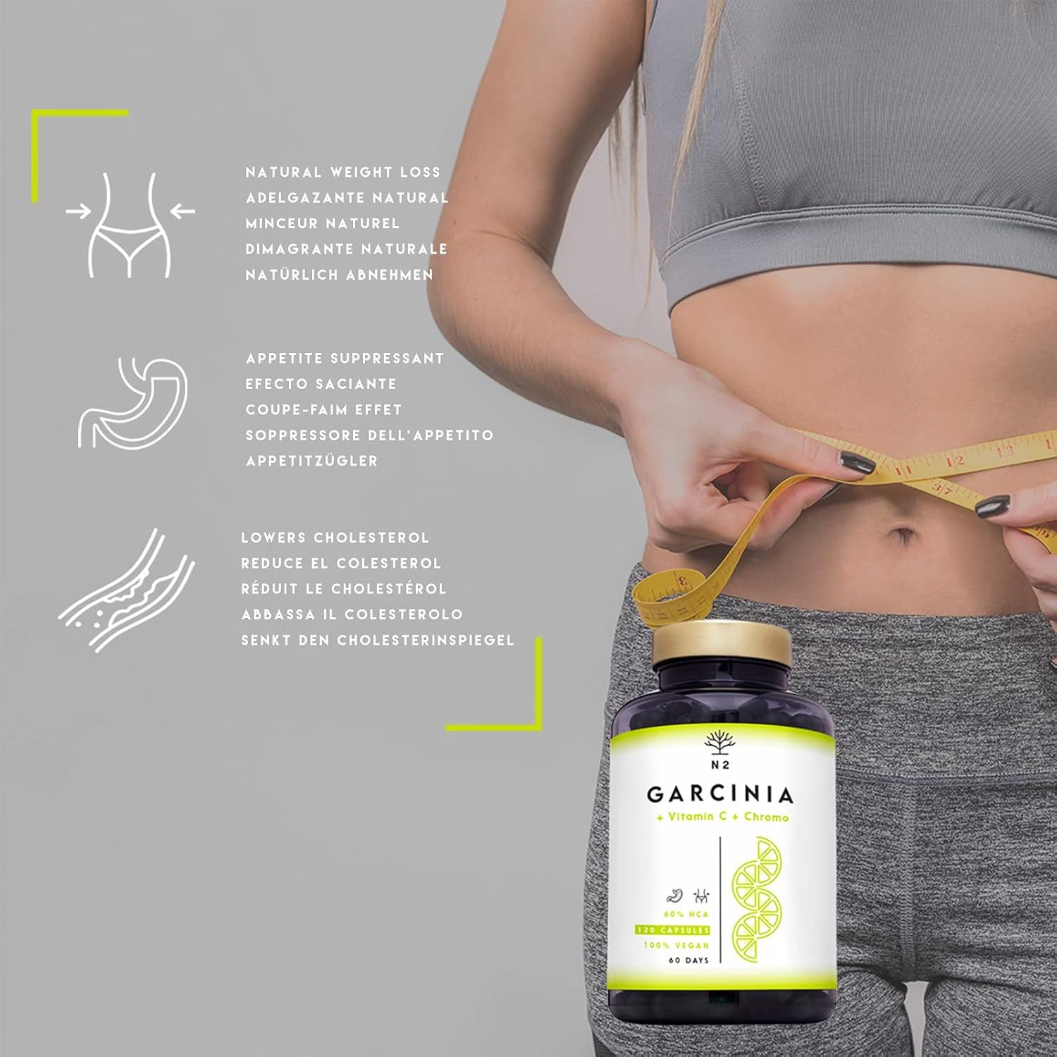 Donna misura la vita con un metro. Flacone con etichetta: Garcinia + Vitamina C + Chromo. Testo sulla perdita di peso.