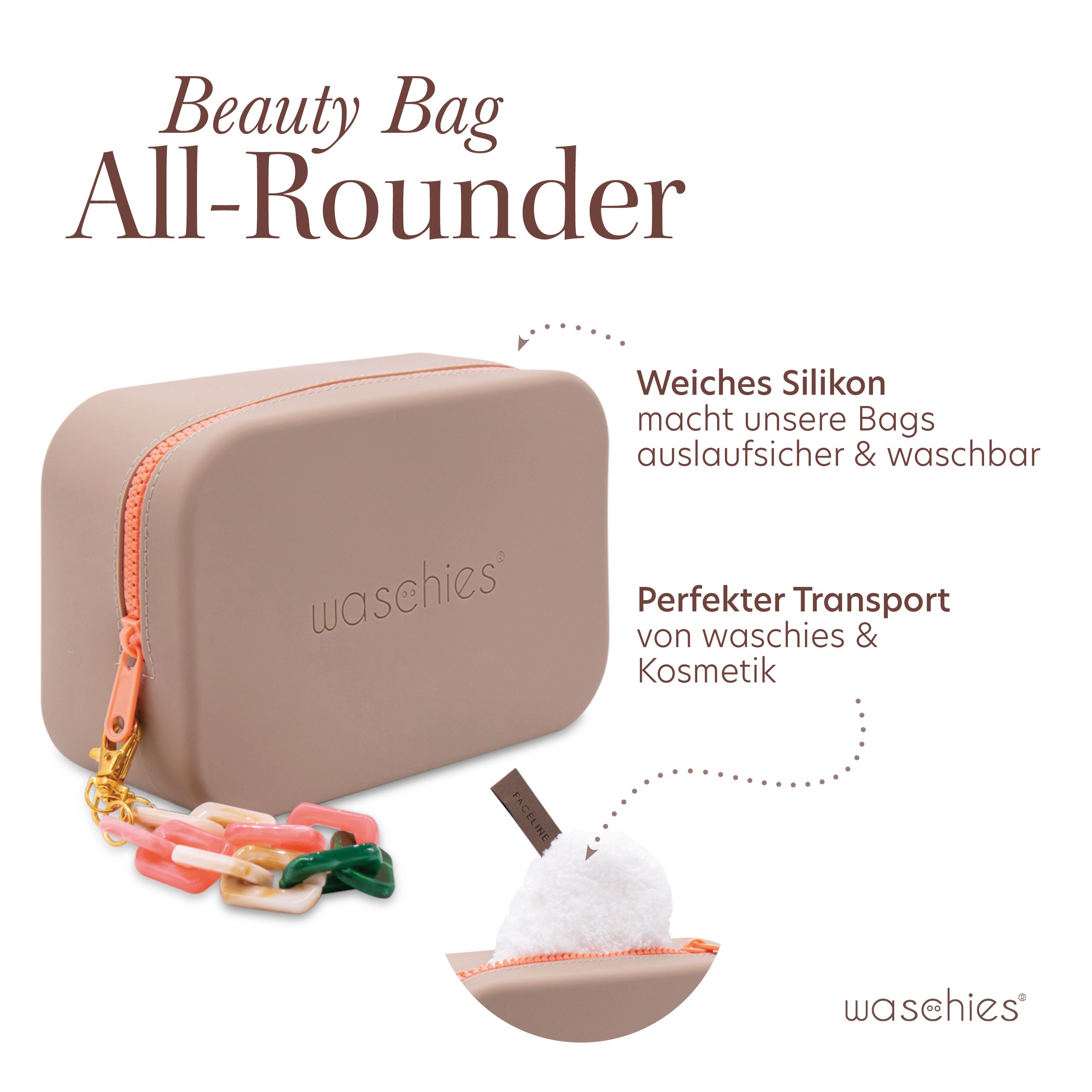 Pochette cosmetica beige con cerniera e ciondolo. "waschies" è scritto sulla borsa. Testo e illustrazioni.