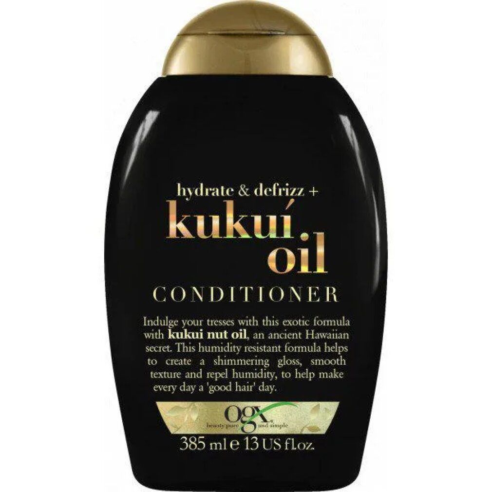 Flacone nero con tappo dorato. Scritta: Kukui Oil Conditioner. Contenuto: 385ml. Con logo.