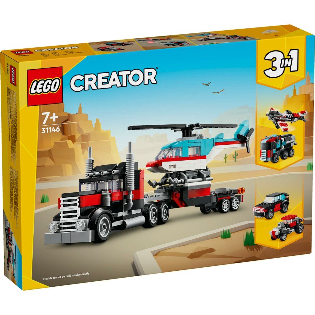 Confezione LEGO Creator 3in1 Autocarro con Elicottero. Include camion con rimorchio ed elicottero. Età consigliata 7+.
