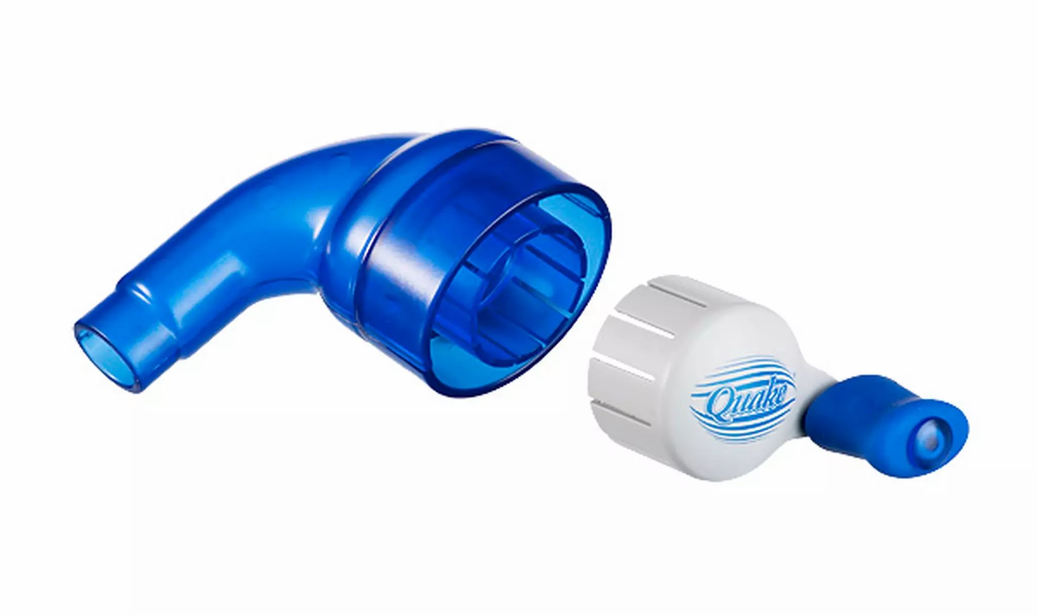 Due parti di un dispositivo per terapia respiratoria blu e bianco, separate.