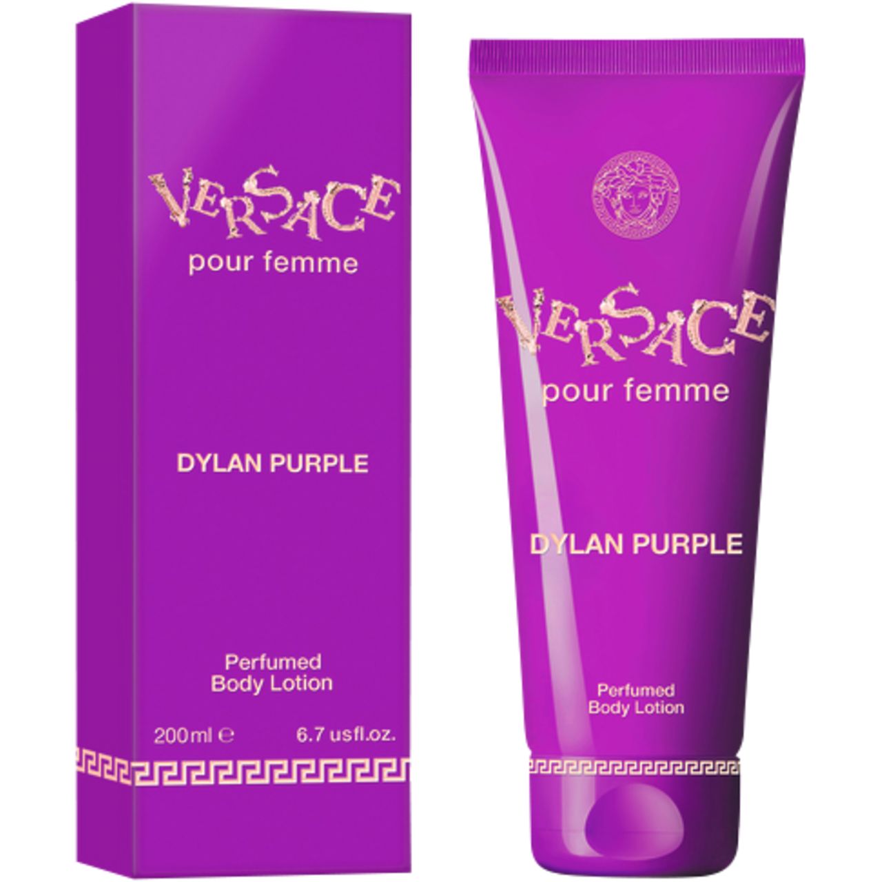 Tubo e scatola viola. Scritta: Versace pour femme, Dylan Purple, lozione per il corpo. Logo e testo dorati.