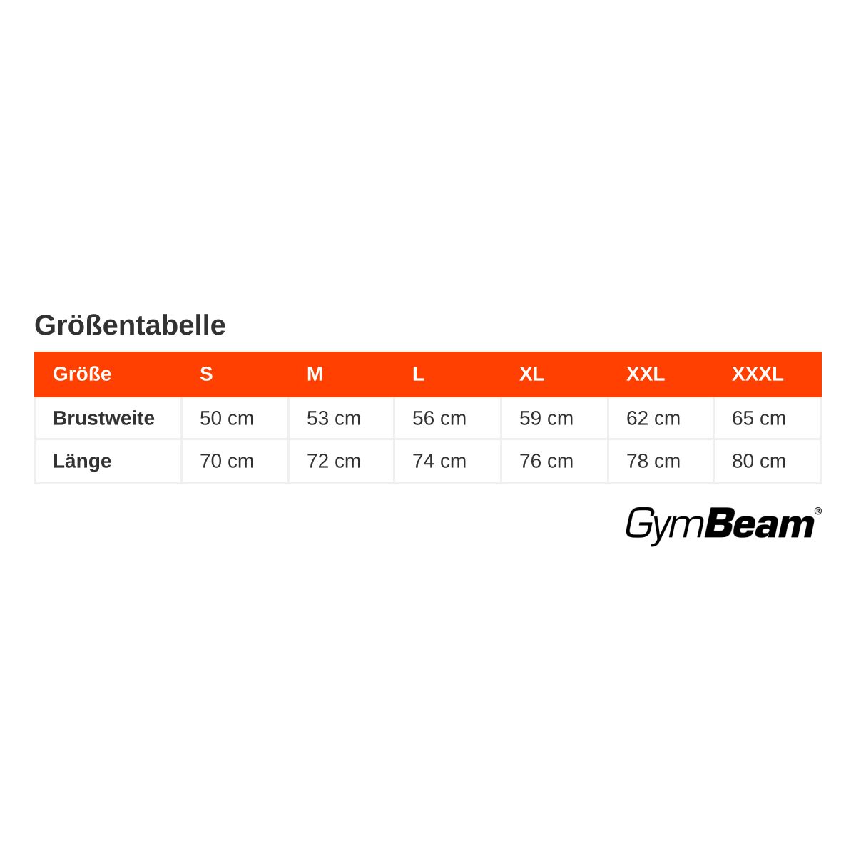 Tabella delle taglie per t-shirt GymBeam con larghezza torace e lunghezza.