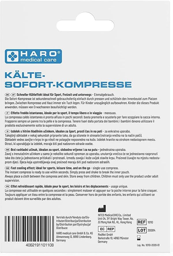 Retro della confezione dell'impacco freddo. Visibili nome del prodotto e marchio "HARO". Testo multilingue.