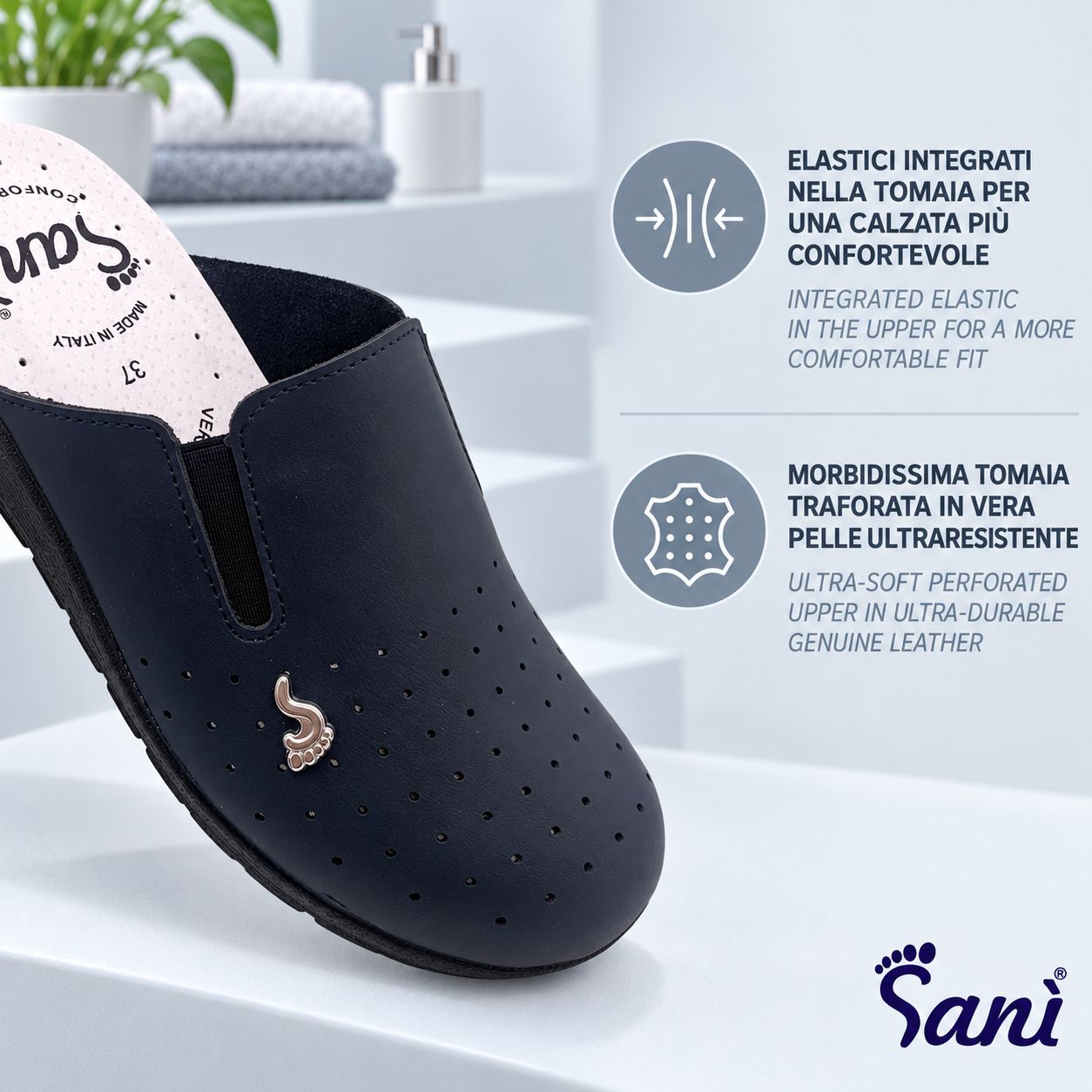 Zoccolo nero Sani con tomaia traforata in pelle. Elastico integrato per il comfort. Prodotto in Italia.