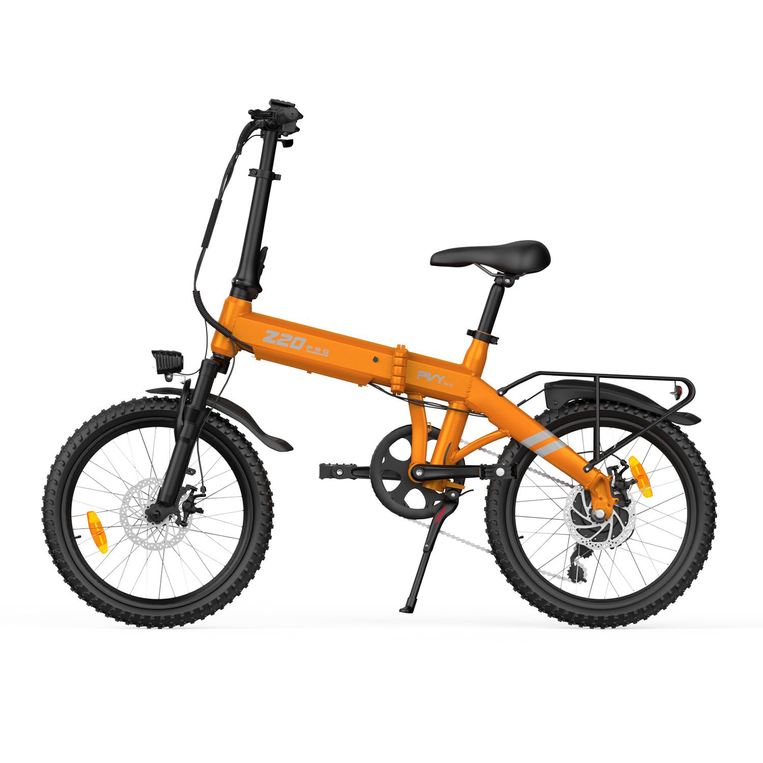E-bike pieghevole arancione con telaio nero, portapacchi e faro. Scritta Z20 PRO EVO.