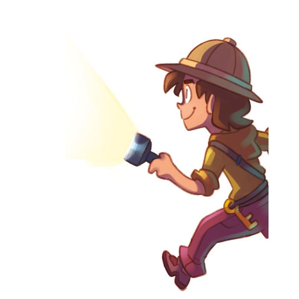 Illustrazione di un ragazzo con cappello e torcia. Sembra illuminare qualcosa. Sfondo bianco.