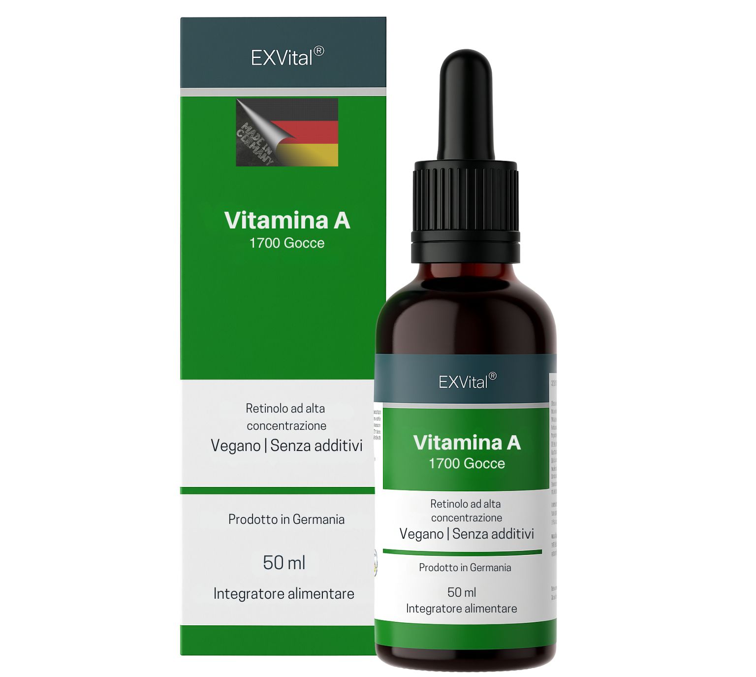 Confezione e flacone italiani di Vitamina A EXVital, 50 ml.