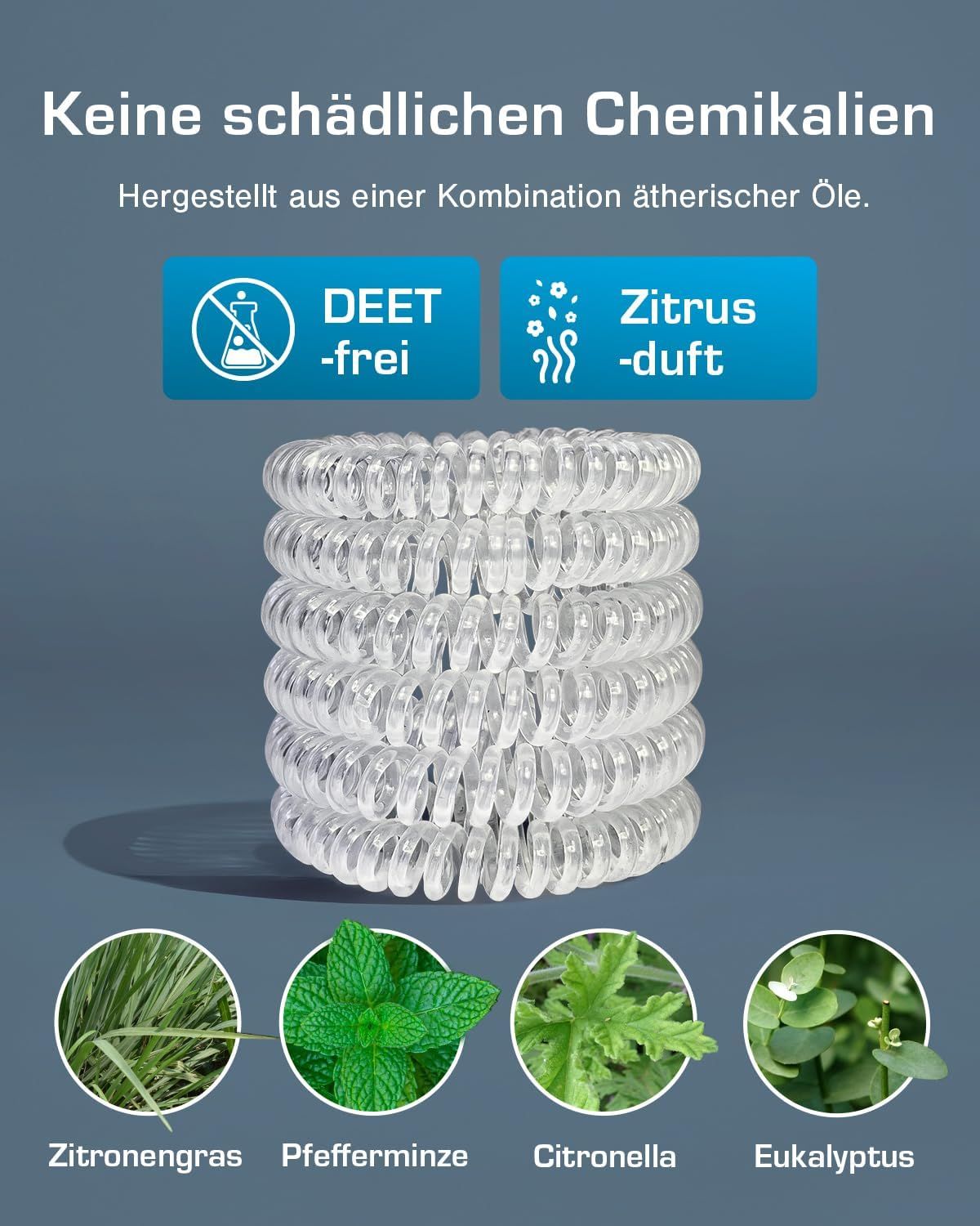 Pila di braccialetti a spirale trasparenti. Testo: Senza DEET, profumo di agrumi. Illustrazioni: Citronella, menta piperita, citronella, eucalipto.