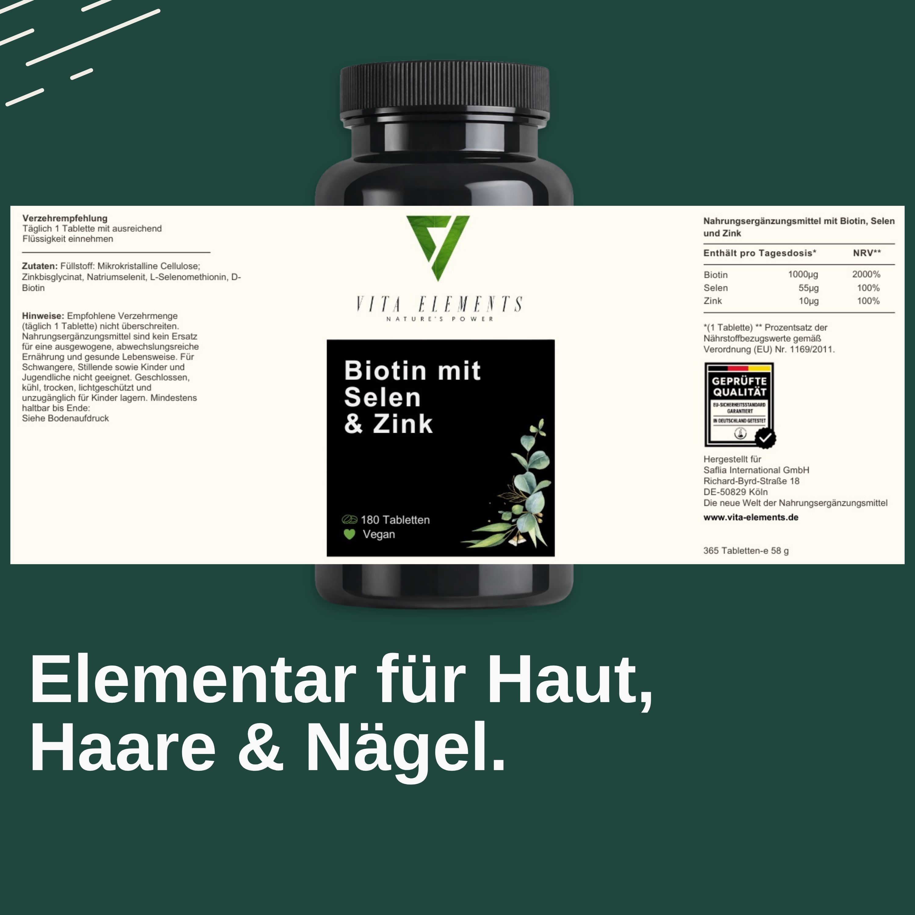 Flacone nero Vita Elements Biotina con Selenio & Zinco. 180 compresse, vegano. Testo: Essenziale per pelle, capelli e unghie. Certificazione.