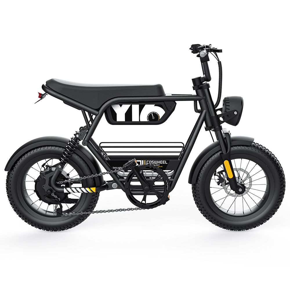 Bicicletta elettrica nera con fari rotondi, pneumatici larghi e portapacchi. Logo COSWHEEL visibile.