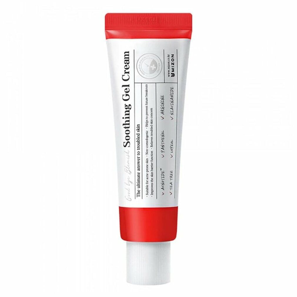 Tubo bianco e rosso. Scritta: Soothing Gel Cream. Marchio: Mizon. Contiene informazioni sugli ingredienti e le caratteristiche.