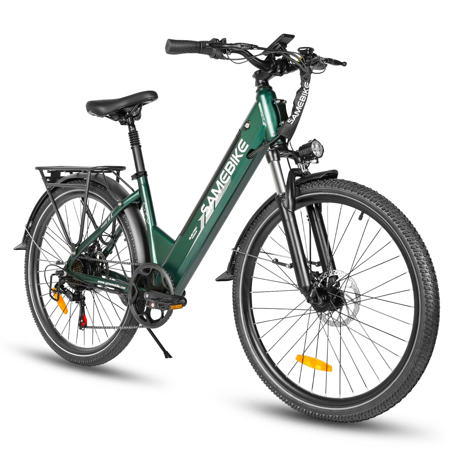 E-bike verde. Marchio SAMEBIKE. Pneumatici neri, portapacchi, faro. Batteria 36V 15Ah.