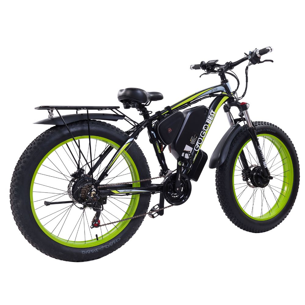 E-bike nera e verde. Portapacchi, batteria e cambio Shimano. Logo GOGOBEST.