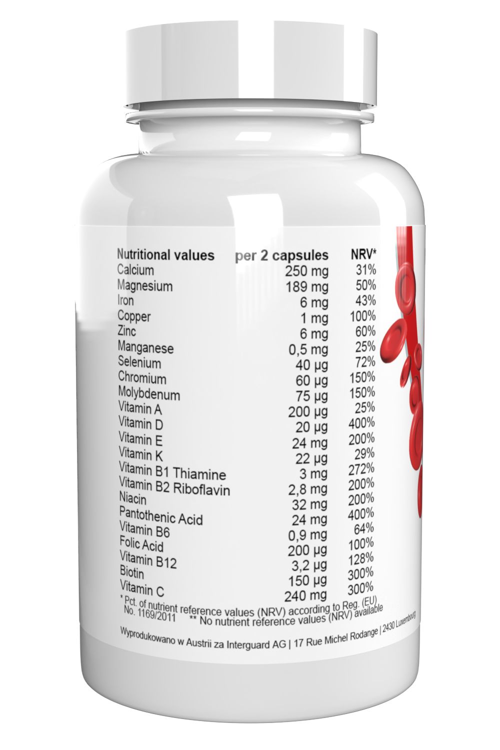 Flacone bianco di capsule con grafica rossa. Contiene informazioni nutrizionali per 2 capsule, tra cui calcio, magnesio, ferro e vitamine.