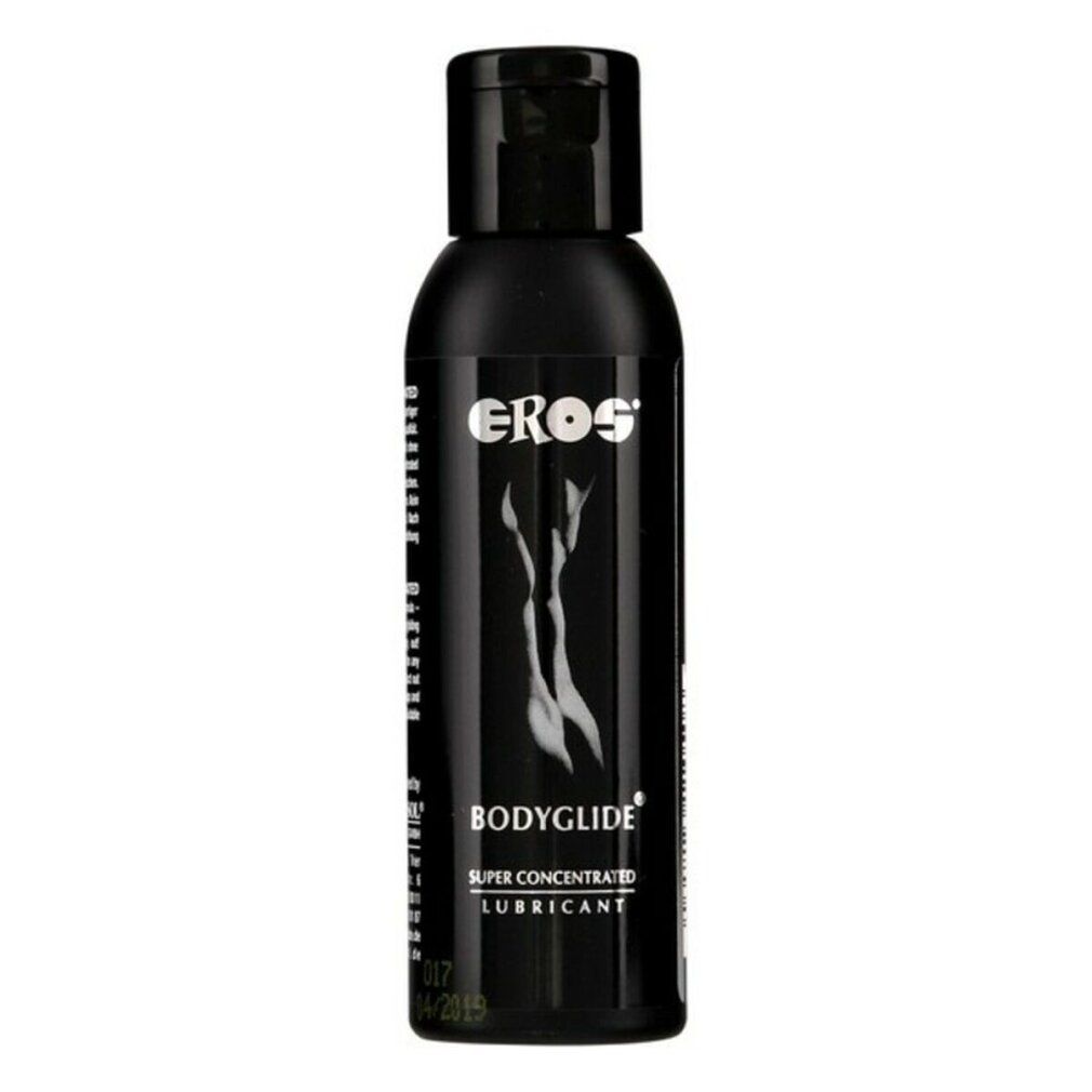 Flacone nero con tappo nero. Scritta EROS, BODYGLIDE, SUPER CONCENTRATED LUBRICANT. Silhouette femminile.