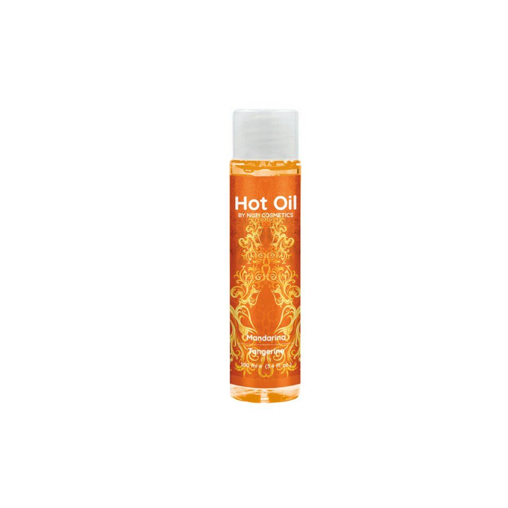 Flacone arancione con tappo bianco. Scritta "Hot Oil" e "Mandarina/Tangerine".