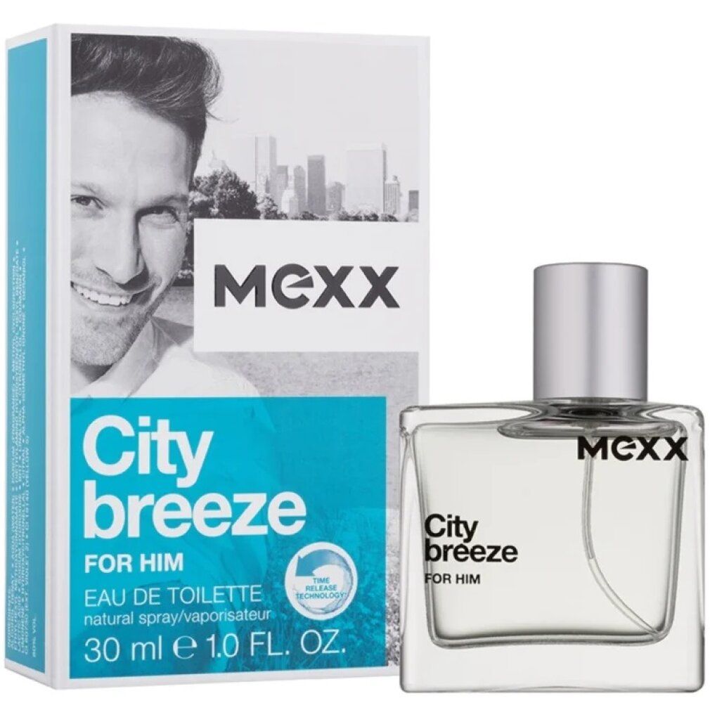 Mexx City Breeze For Him Eau de Toilette. Flacone e confezione. Flacone quadrato trasparente. Confezione con uomo, logo e nome del prodotto.