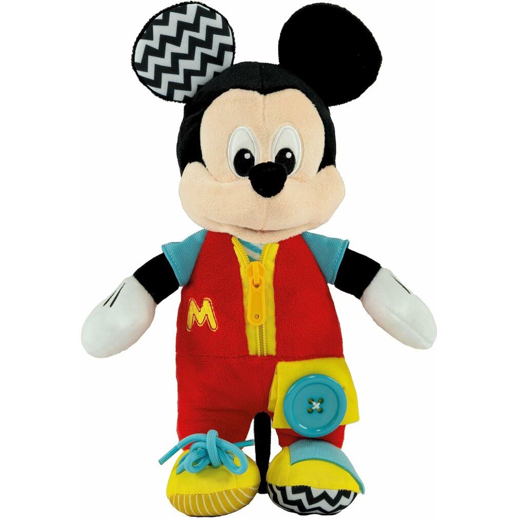 Peluche di Topolino con vestiti da indossare. Salopette rossa con zip, bottone e lacci. Orecchie nere con motivo a zig-zag.