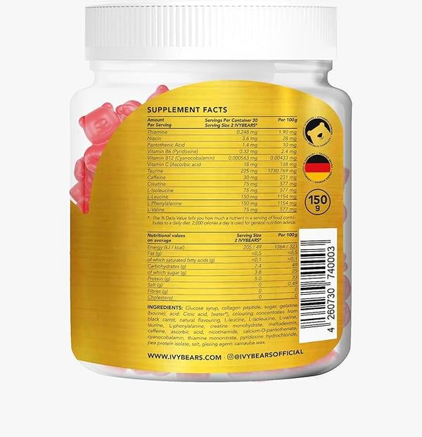 Retro di una bottiglia con i fatti sugli integratori. Sfondo dorato. Ingredienti e valori nutrizionali.