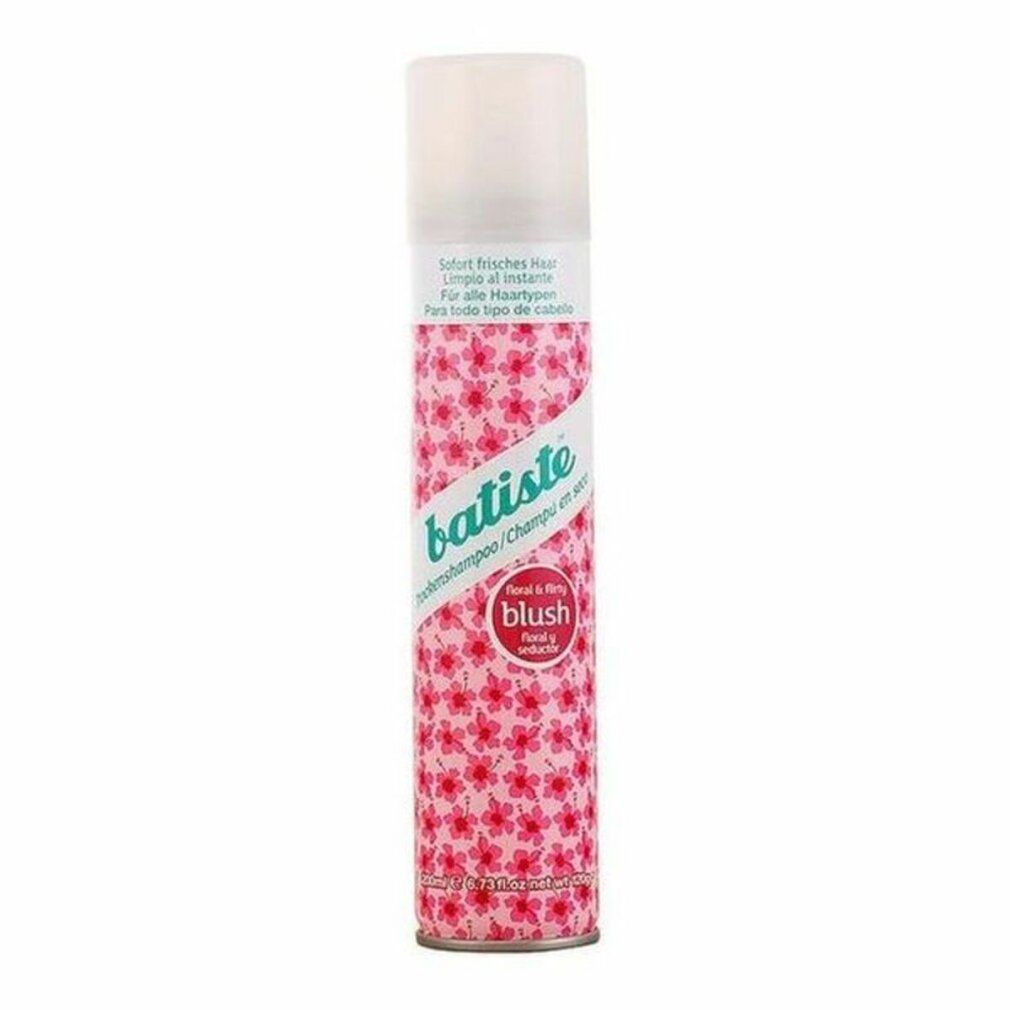 Bomboletta spray di shampoo secco con motivo floreale rosa. Tappo bianco. Scritta "Batiste" e "Blush".