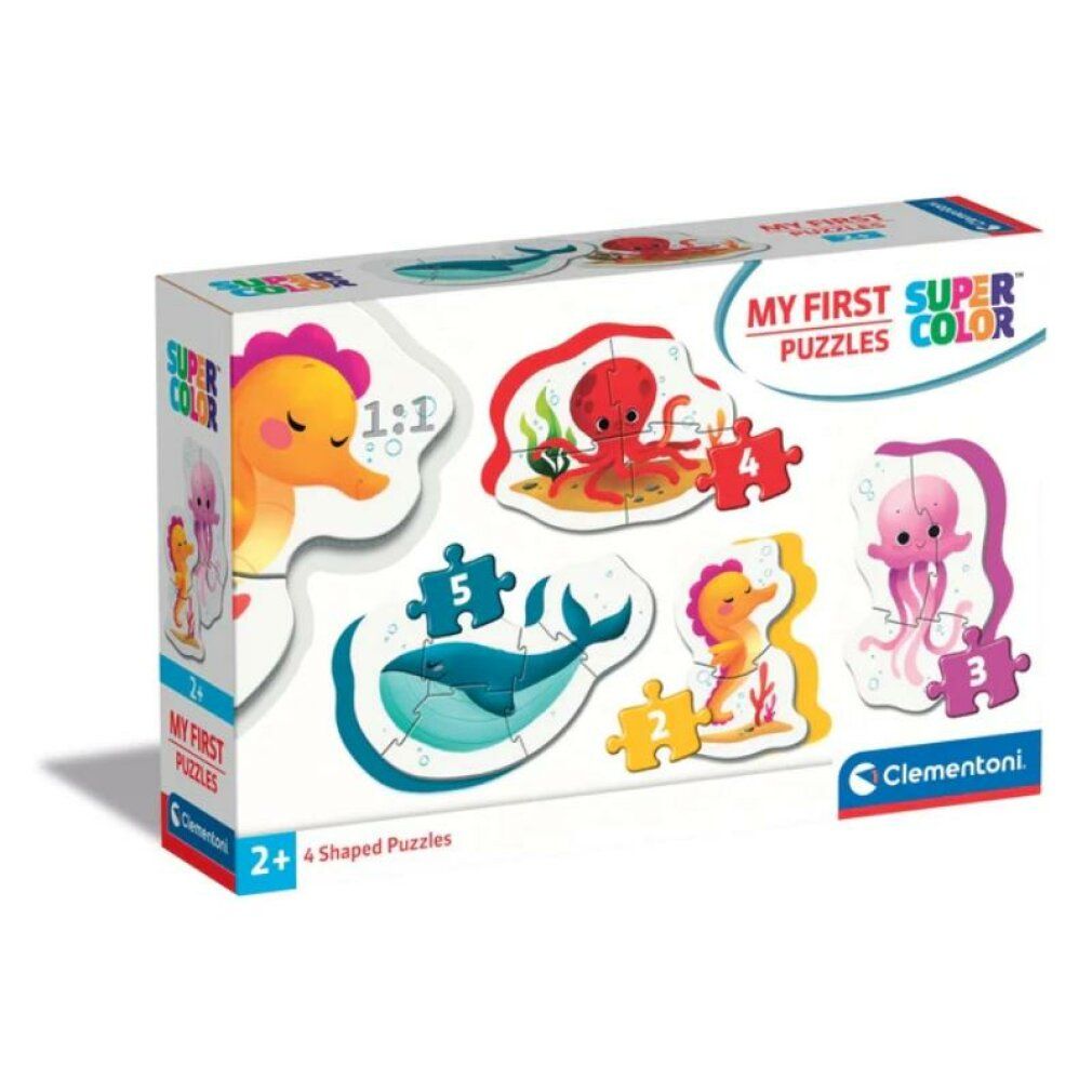 Confezione puzzle. Scritte: "MY FIRST PUZZLES", "SUPER COLOR". Puzzle animali marini. Marchio: Clementoni.
