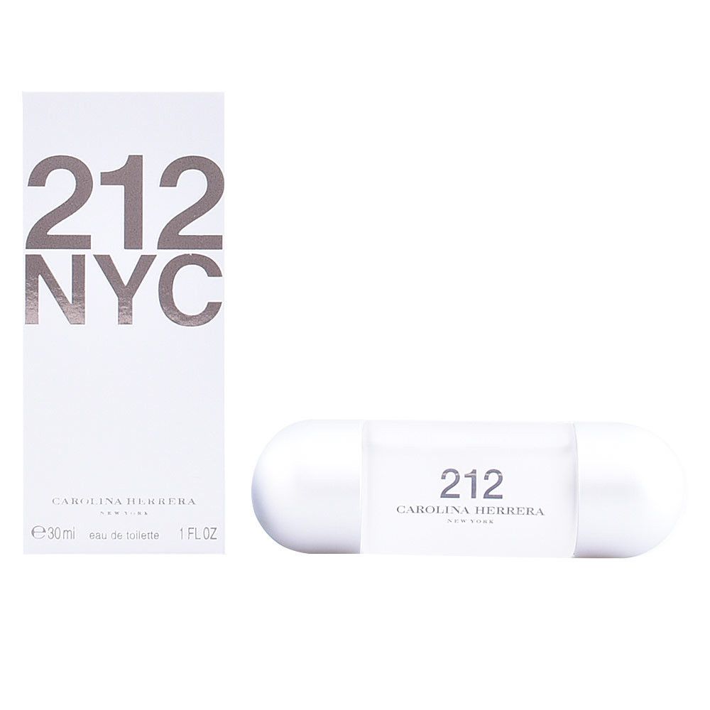 Scatola e flacone bianchi. Sulla scatola, "212 NYC". Flacone a forma di capsula con la scritta "212". "Carolina Herrera" è visibile.