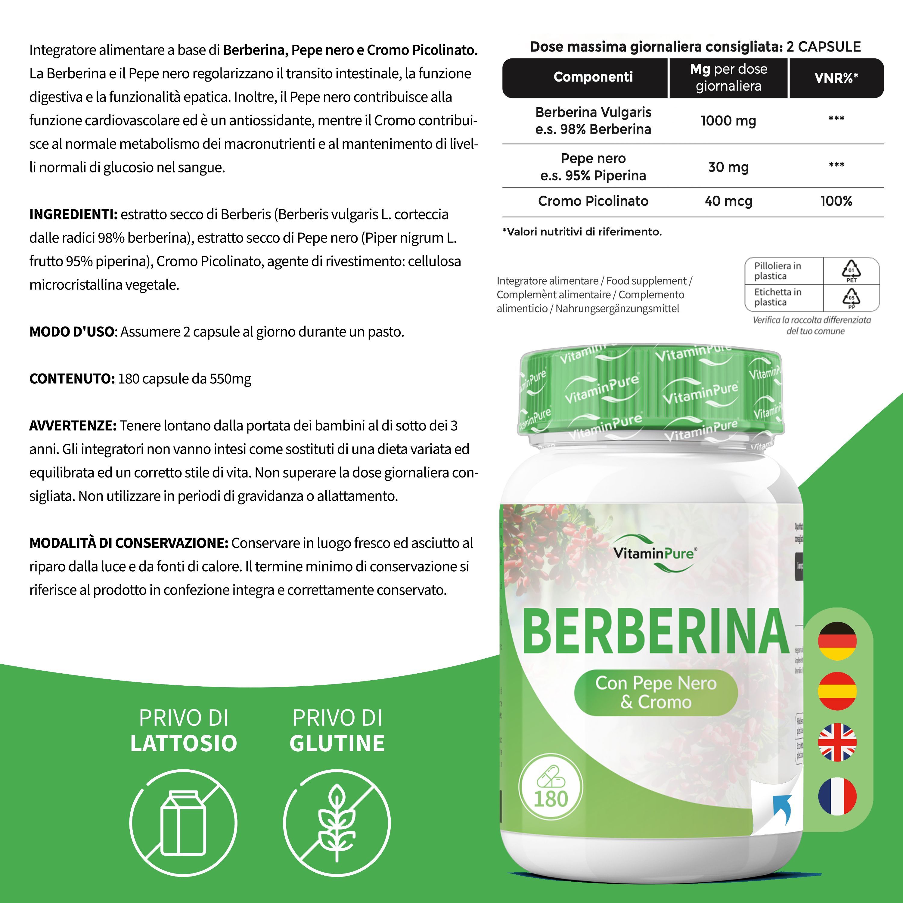 VitaminPure® Berberina 1000mg Formula Potenziata con Pepe Nero e Cromo