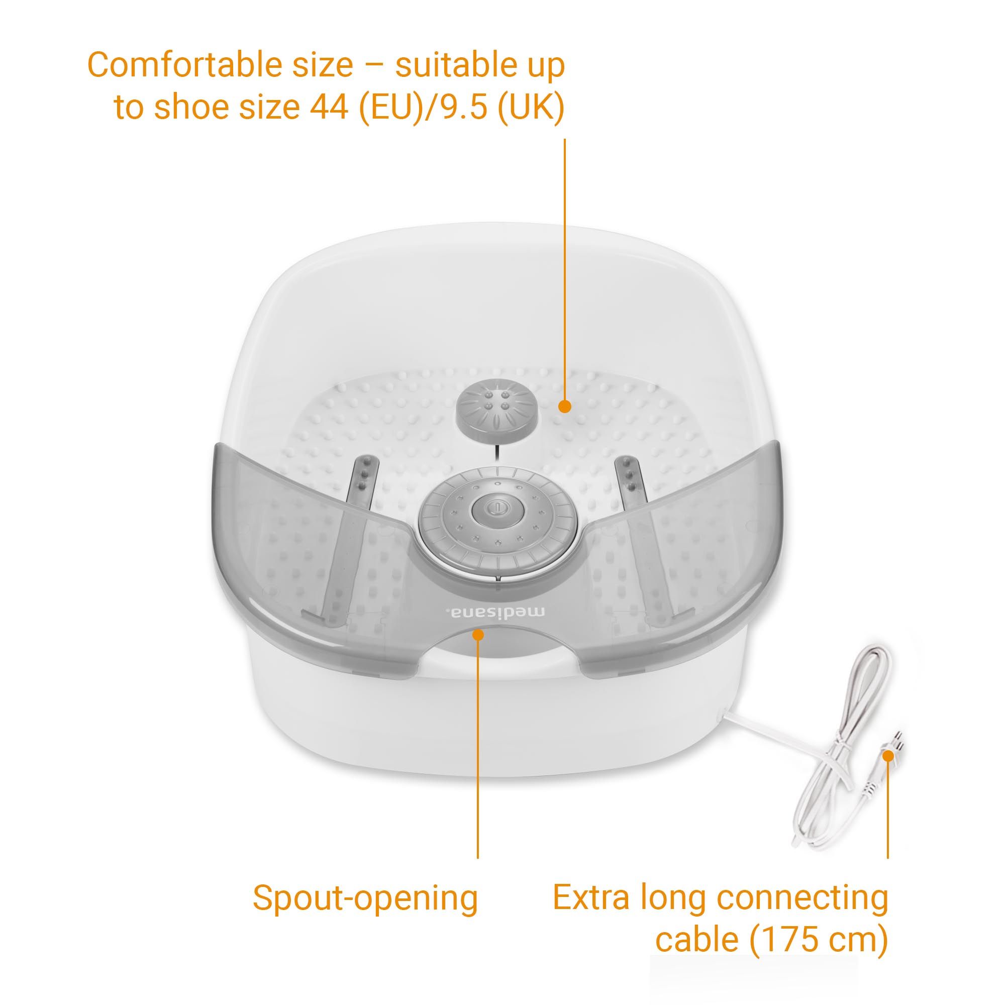 Idromassaggio per piedi, bianco-grigio. Con comandi e cavo. Testo: Adatto fino alla taglia 44. Spout-opening, cavo extra lungo.