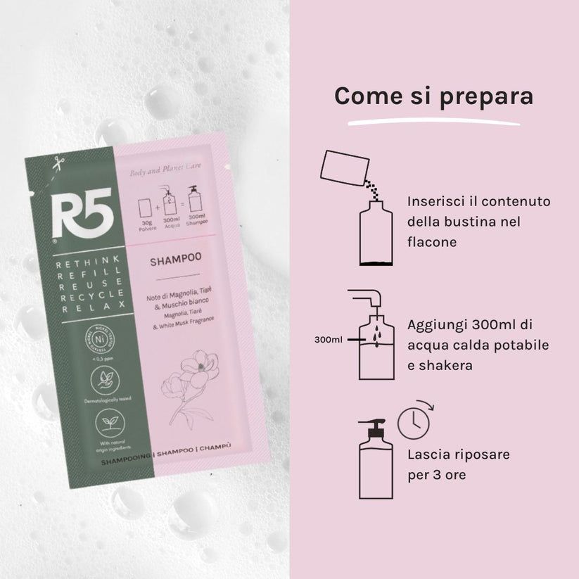 Istruzioni per preparare lo shampoo. Una bustina di shampoo. Illustrazioni mostrano la preparazione.