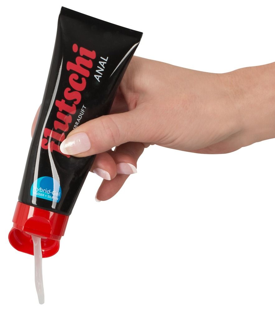 Tubo nero con scritta rossa: Flutschi Anal. Gel ibrido a base di acqua e silicone, con tappo rosso.