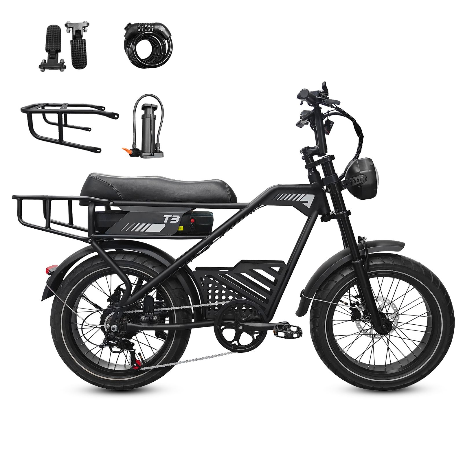 Bicicletta cargo elettrica con accessori: portapacchi, pompa, lucchetto, pedali. Nera, logo T3.