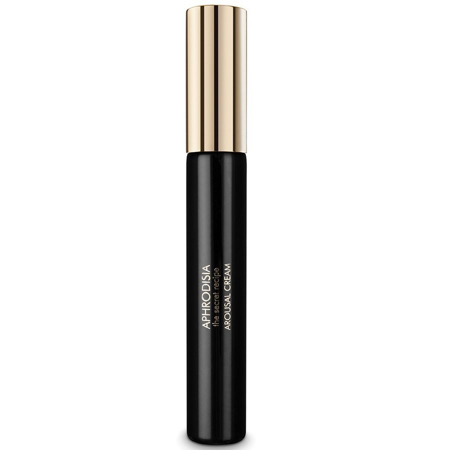 Flacone nero con tappo dorato. Scritta: Aphrodisia, the secret recipe, Arousal Cream.